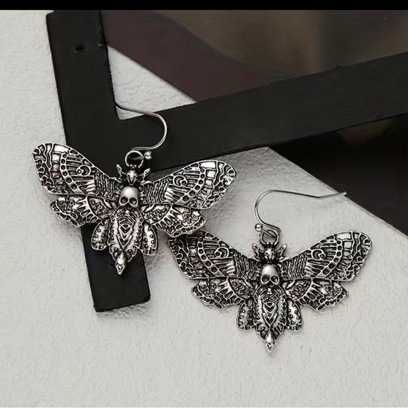 Silver Skull Moth Drop Earrings - Picture 7 of 15